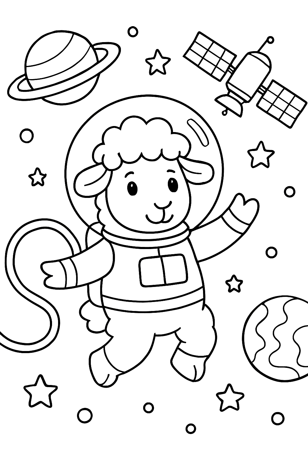 Раскраска сгенерированная по запросу: "Мультяшная овечка в скафандре парит в открытом космосе, мимо пролетает спутник, на заднем плане — планеты и звёзды."
