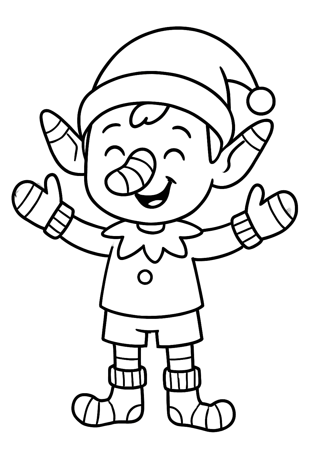 Раскраска сгенерированная по запросу: "Веселый эльф, у которого надеты носки на ноги, на руки, на уши и на нос"