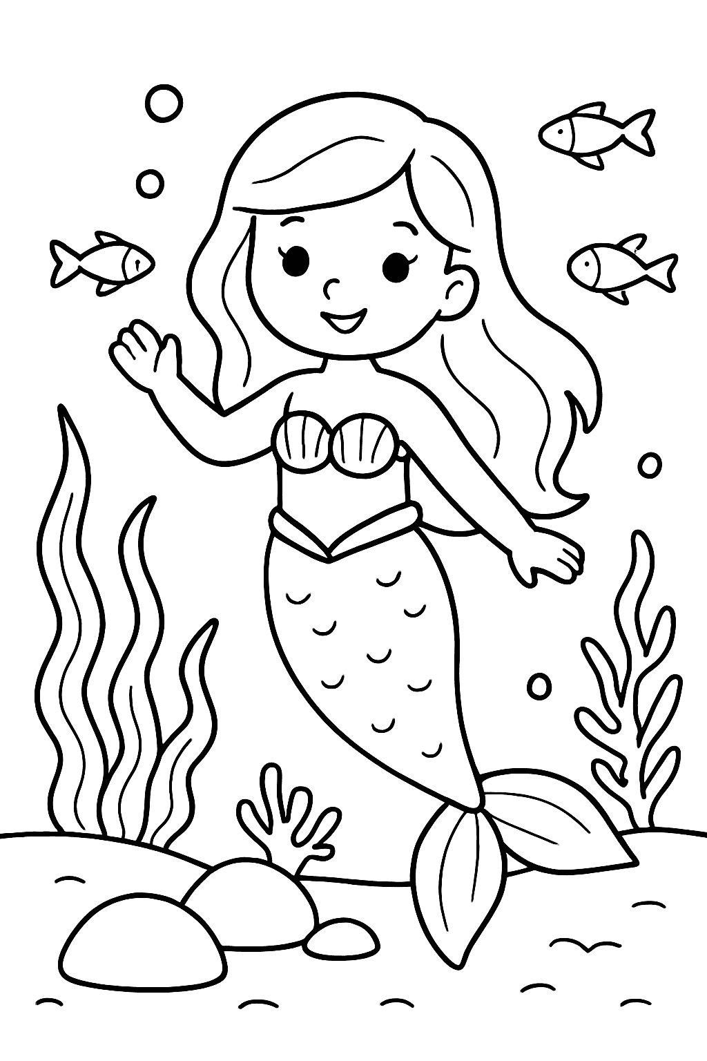 Раскраска сгенерированная по запросу: "Русалочка в подводном мире."