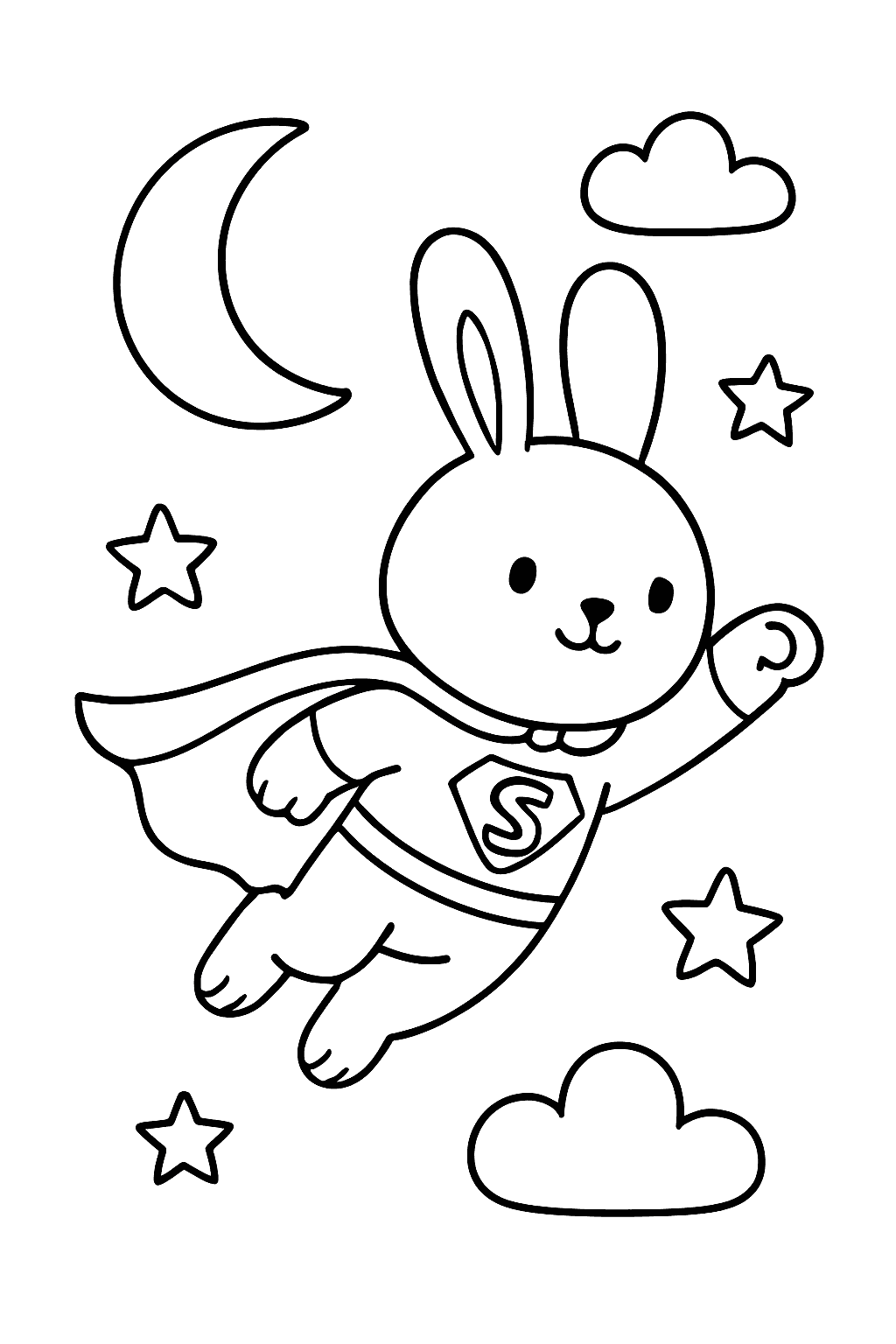 Раскраска сгенерированная по запросу: "Кролик в костюме супергероя пролетает на фоне ночного неба"