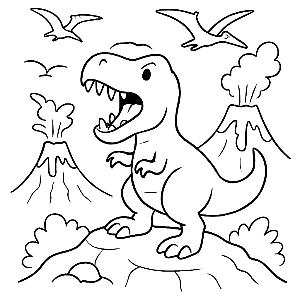 Раскраска сгенерированная по запросу: "Свирепый тираннозавр рычит на скалистом холме, на фоне извергающихся вулканов и летящих в небе птерозавров."