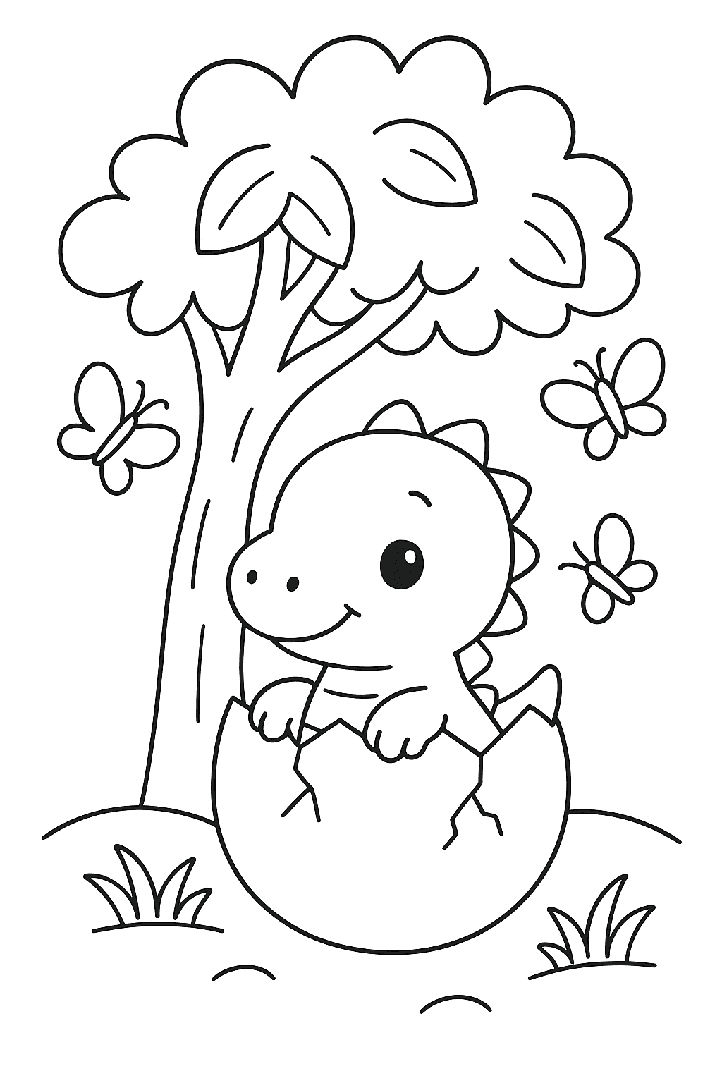 Раскраска сгенерированная по запросу: "Детёныш динозавра вылупляется из яйца под лиственным деревом, вокруг летают любопытные бабочки."