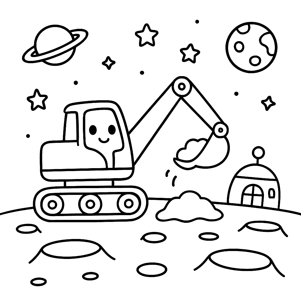 Раскраска сгенерированная по запросу: "Экскаватор копает лунный грунт. Вокруг кратеры, звёзды, планеты и небольшая космическая станция"
