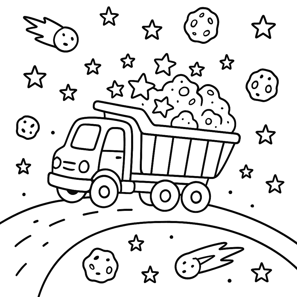 Раскраска сгенерированная по запросу: "Самосвал, наполненный звёздной пылью и космическими камнями, едет по межпланетной дороге, вокруг видны кометы и астероиды"