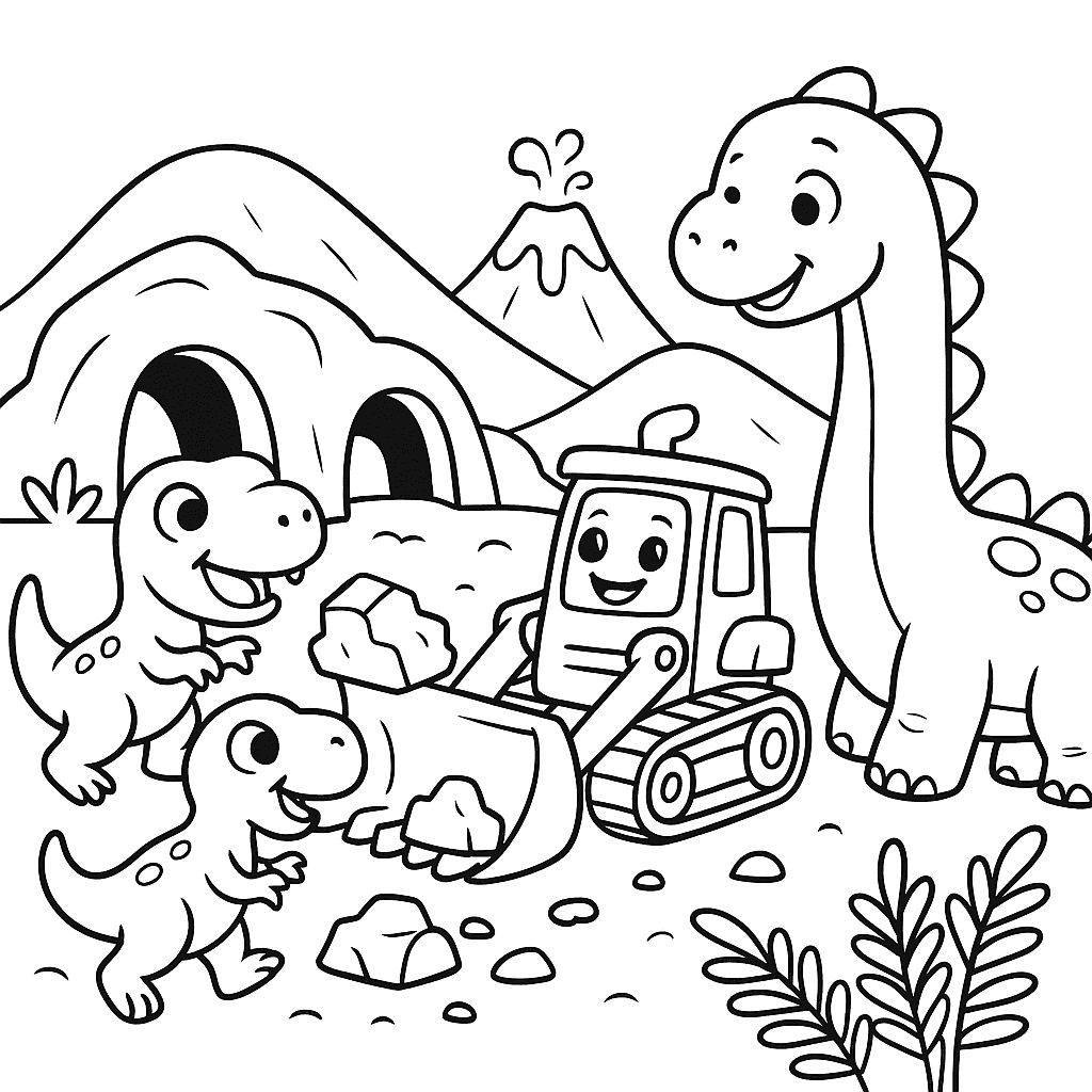 Раскраска сгенерированная по запросу: "Дружелюбный бульдозер работает вместе с динозаврами над строительством пещерного города, рядом папоротники и вулкан на заднем плане"