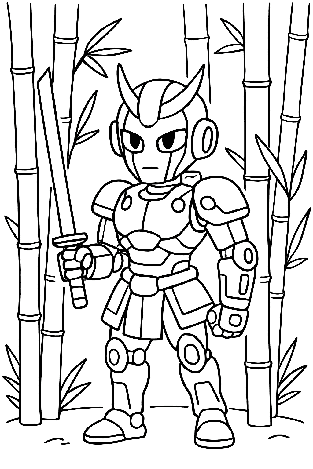 Раскраска сгенерированная по запросу: "Аниме киборг-самурай с катаной, стоящий в бамбуковом лесу, с элементами футуристической брони."