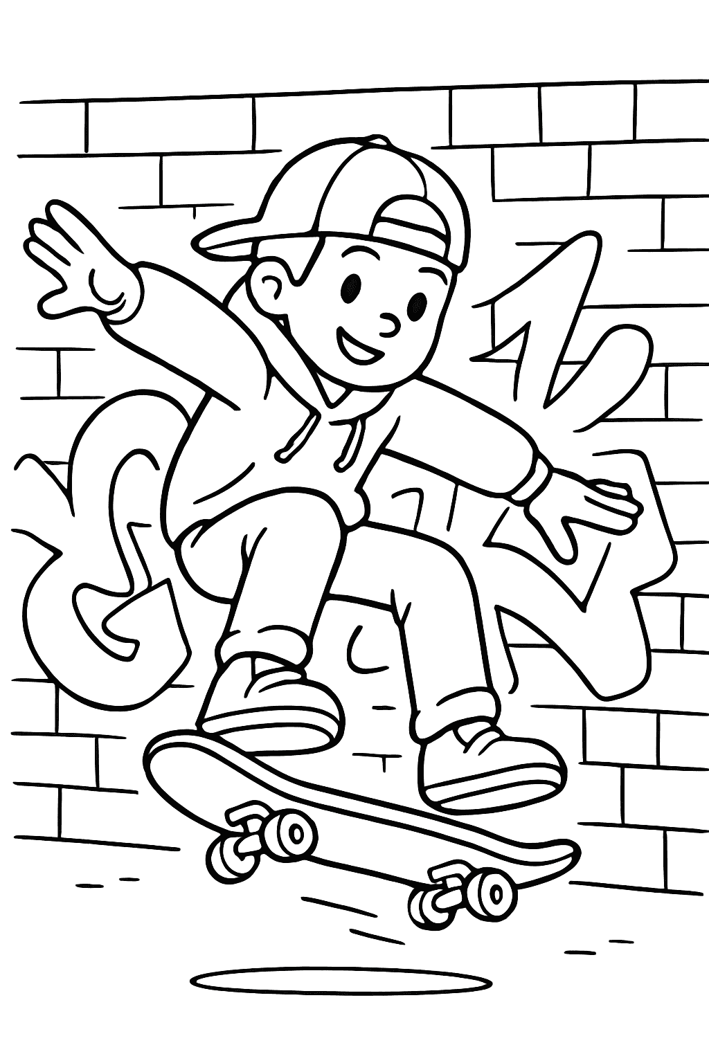 Раскраска сгенерированная по запросу: "Крутой подросток в худи делает трюк на скейте, на фоне стена с граффити, динамика, уличный стиль."