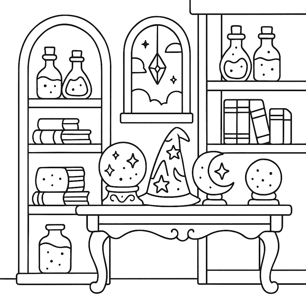 Раскраска сгенерированная по запросу: "Интерьер волшебной лавки, на полках стоят склянки со светящимися зельями, старинные книги, хрустальные шары и магические артефакты, детализированный контурный рисунок, раскраска"