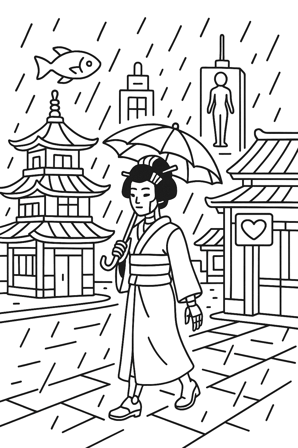 Раскраска сгенерированная по запросу: "Японская деревня будущего, традиционные домики с пагодами смешаны с неоновыми вывесками и голограммами, кибер-гейша идет по улице под дождем, киберпанк"