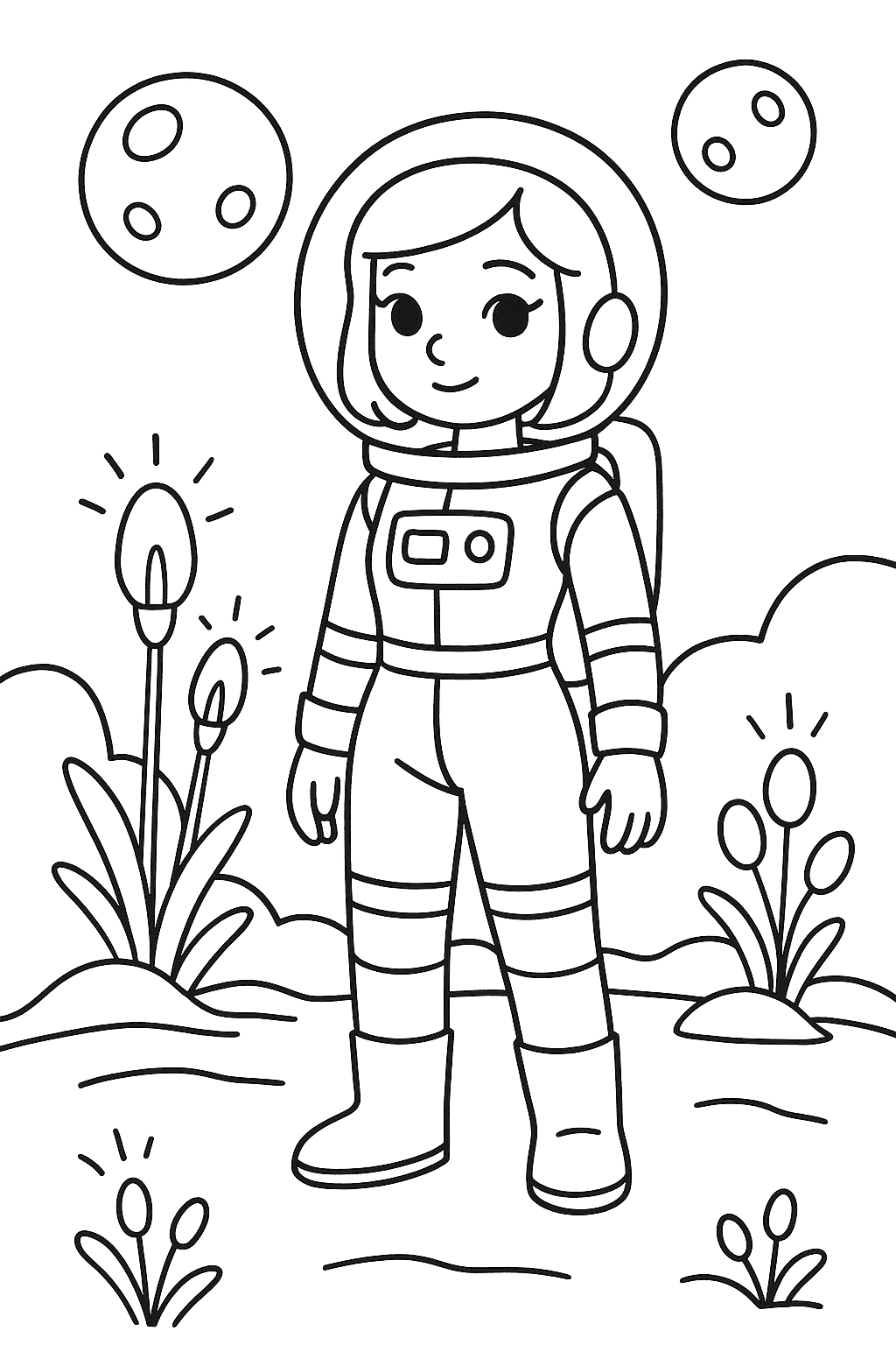 Раскраска сгенерированная по запросу: "Девушка-астронавт в стильном скафандре стоит на неизвестной планете с двумя лунами, вокруг растут светящиеся инопланетные растения, фантастический пейзаж"