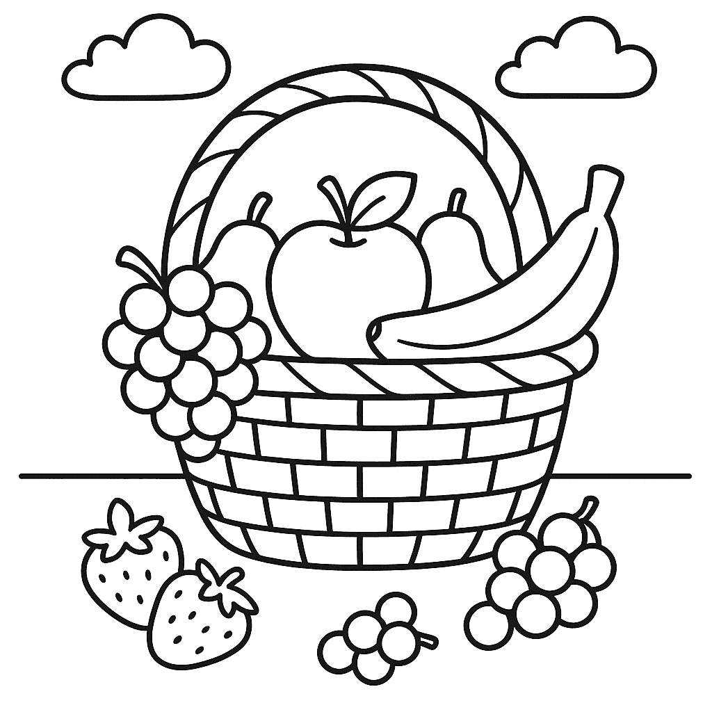 Раскраска сгенерированная по запросу: "Пышная корзина с фруктами и ягодами на столе"