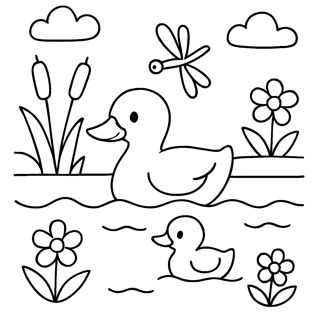 Раскраска сгенерированная по запросу: "Озеро с уточками. Тихое озеро, на котором плавают утки с утятами, по берегу растут камыши и цветы, а над водой летает стрекоза."