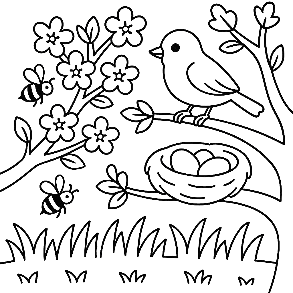 Раскраска сгенерированная по запросу: "Весна в саду. Деревья в цвету, пчёлы собирают нектар, зелёная трава, на ветке сидит птичка, рядом — гнездо с яйцами."