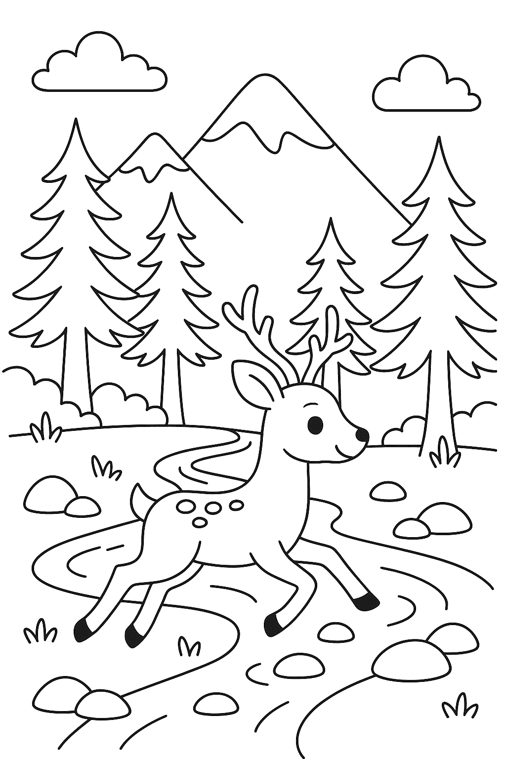 Раскраска сгенерированная по запросу: "Горная долина. Снежные вершины вдали, ручей течёт по камням, растут сосны и ели, между ними пробегает олень."