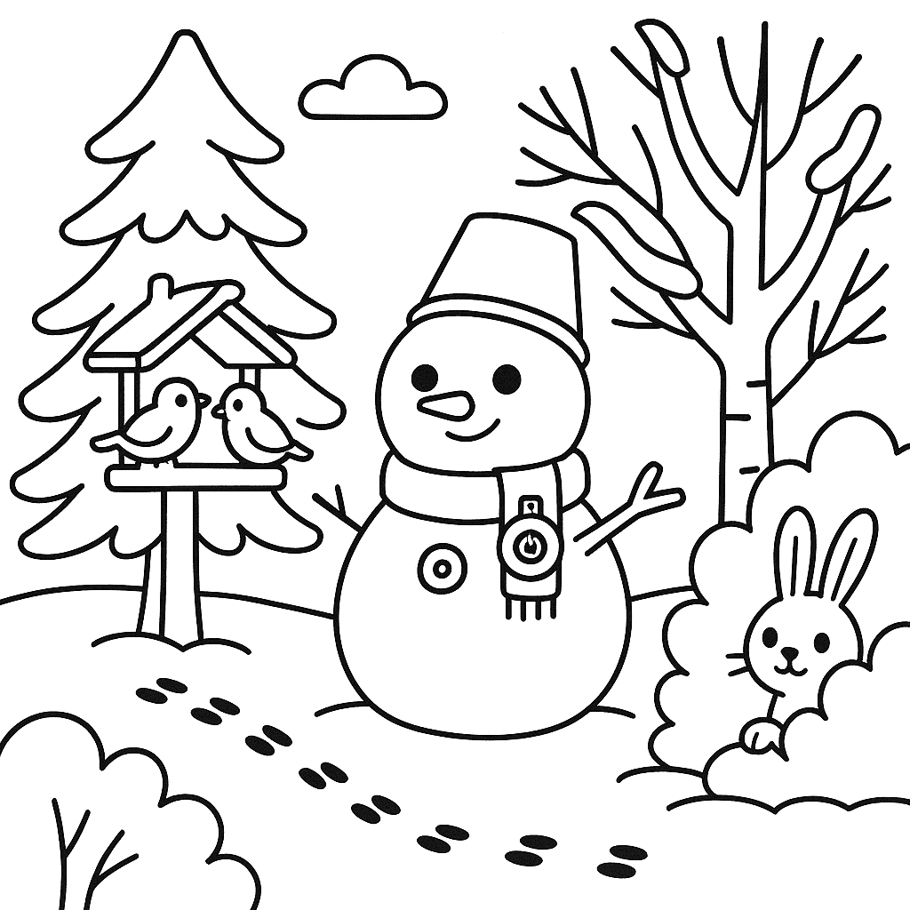 Раскраска сгенерированная по запросу: "Зимний лес. Снежные деревья, следы зверей на снегу, снеговик, птицы на кормушке, и зайчонок выглядывает из кустов."
