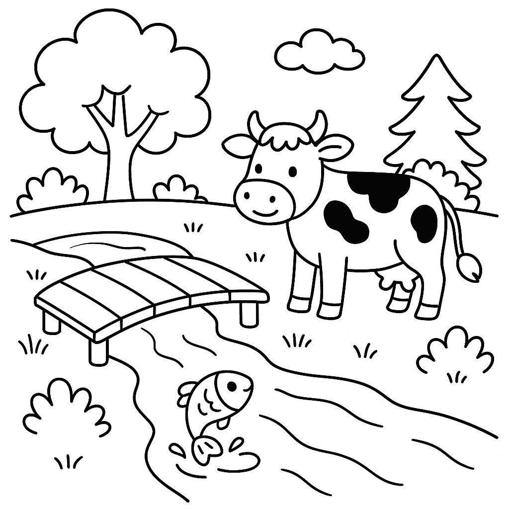 Раскраска сгенерированная по запросу: "Река в деревне. Речка с деревянным мостиком, на берегу — корова, деревья и кусты, а в воде плещется рыбка."