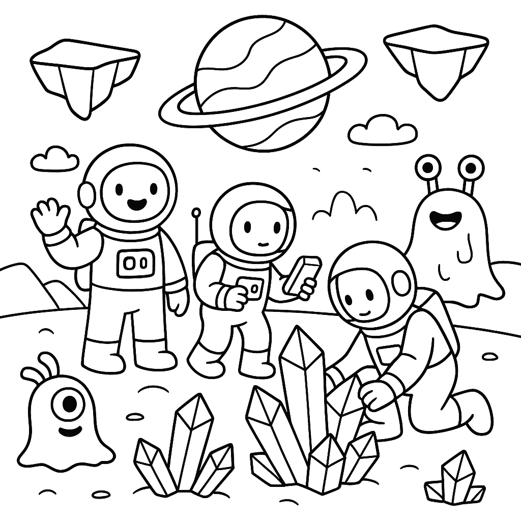 Раскраска сгенерированная по запросу: "Исследование далёкой планеты. Команда космонавтов изучает поверхность новой планеты, окружённую кристаллами, странными существами и парящими скалами."