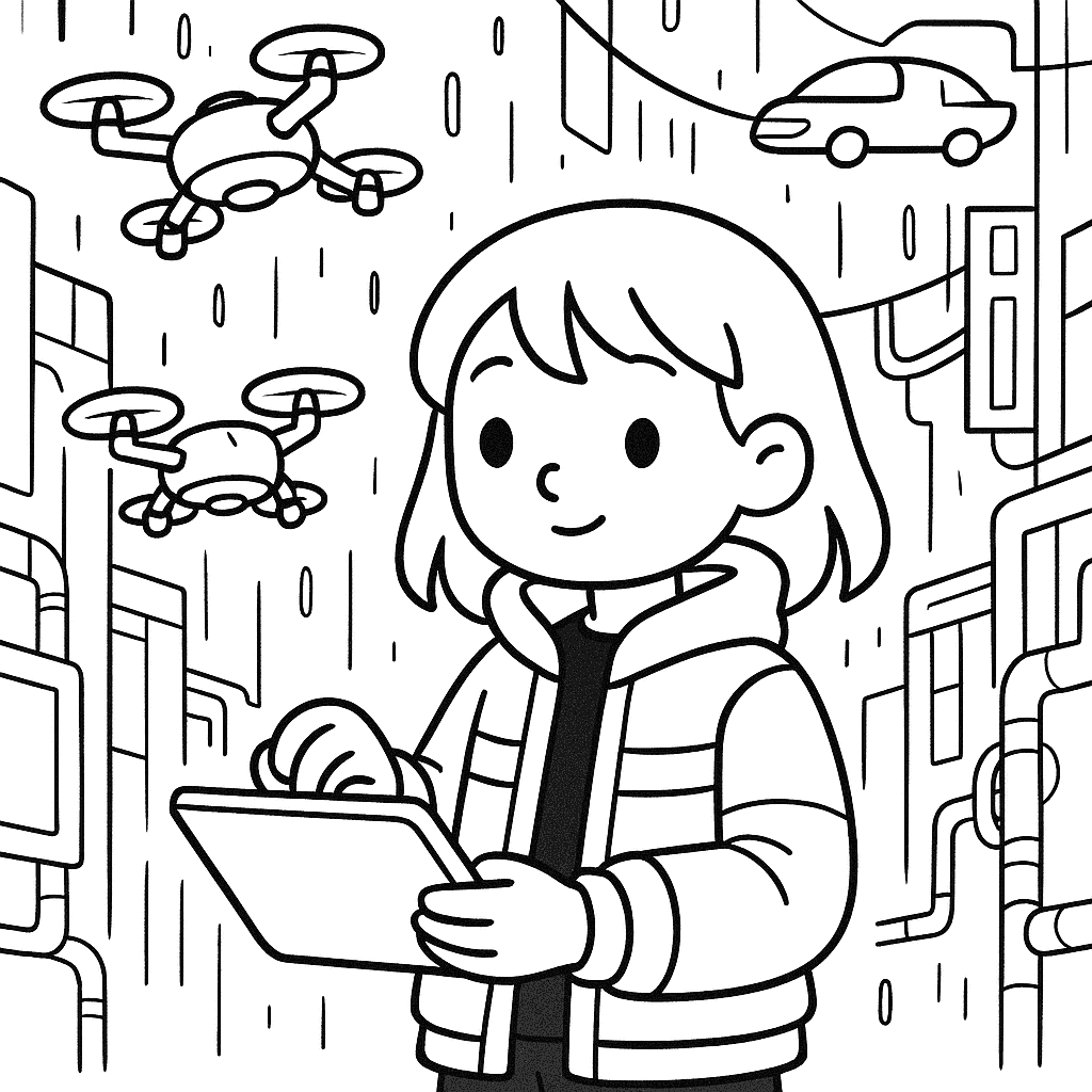 Раскраска сгенерированная по запросу: "Кибер-девочка с дронами в мегаполисе. Девочка в куртке с неоновыми вставками управляет дронами с планшета. На фоне — киберпанковский город с вывесками, кабелями и трубами, неоновый дождь и летающие машины."