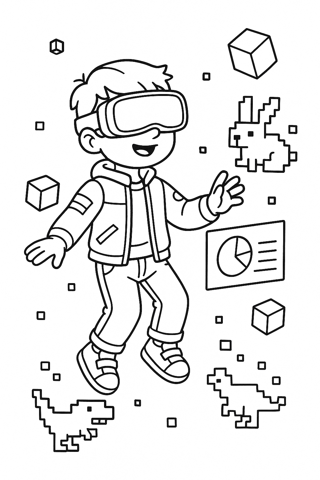 Раскраска сгенерированная по запросу: "Мальчик-хакер в виртуальной реальности. Герой в шлеме виртуальной реальности “парит” в цифровом мире: перед ним голограммы, летающие кубы и пиксельные звери. Его одежда — смесь кибер-одежды и классических джинс."