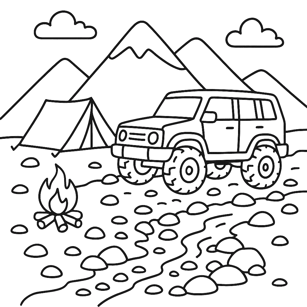 Раскраска сгенерированная по запросу: "Вездеход в горах. Большой внедорожник с большими колёсами едет по каменистой дороге, рядом — палатка, горный ручей и костёр."