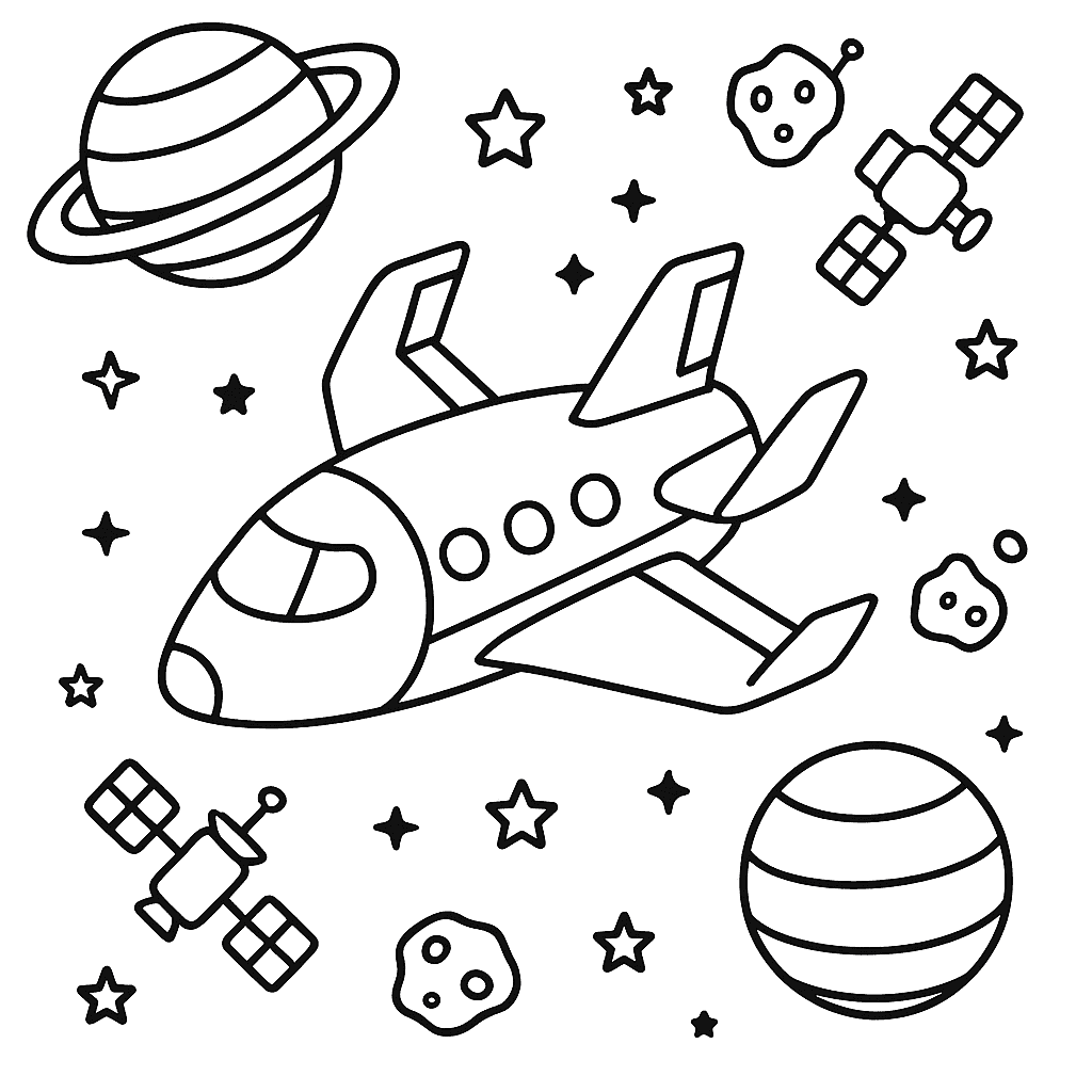 Раскраска сгенерированная по запросу: "Космический самолёт будущего. Футуристический самолёт с необычными крыльями летит среди планет и звёзд, вокруг — спутники и метеоры."