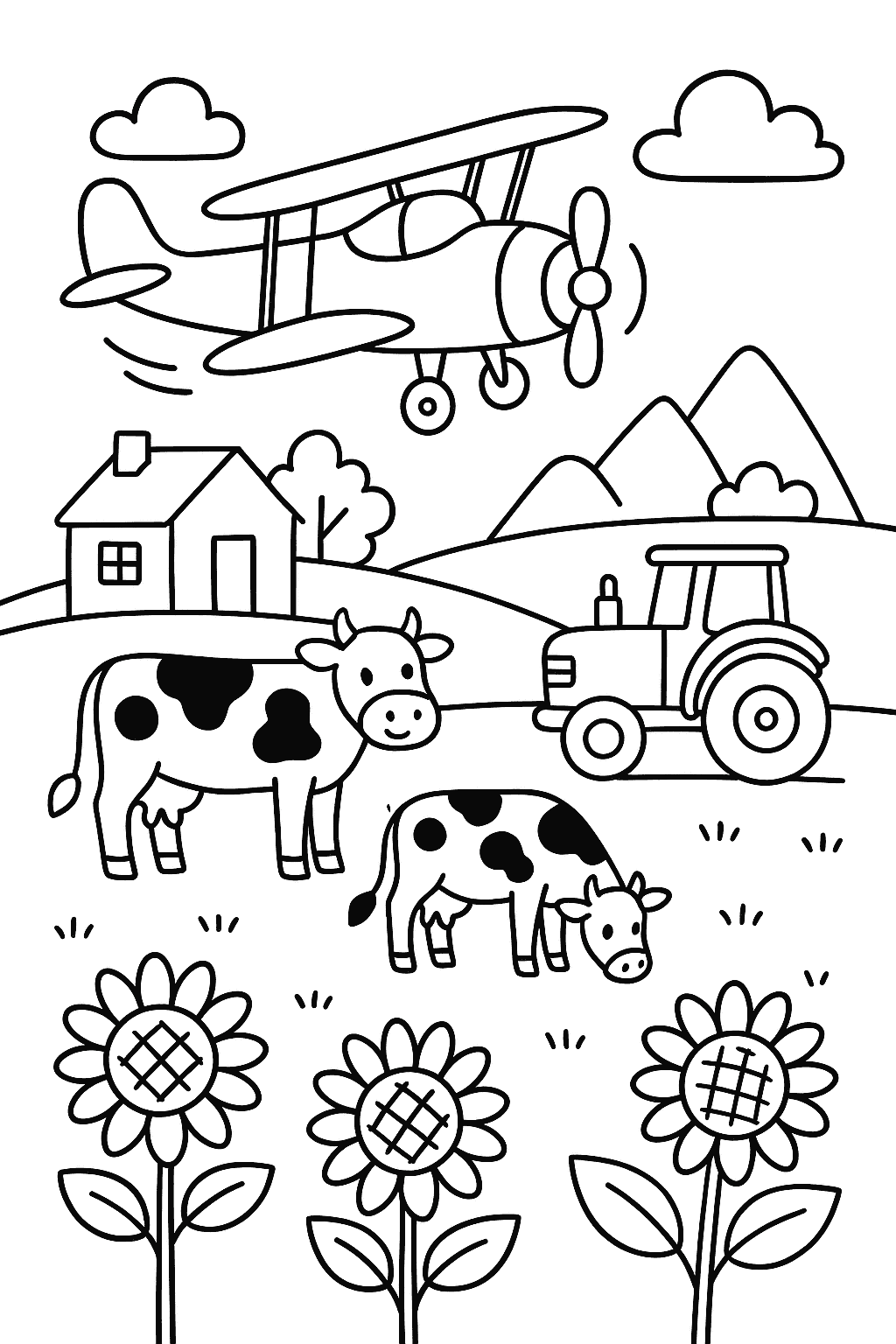 Раскраска сгенерированная по запросу: "Самолёт-кукурузник над деревней, внизу — домики, коровы, трактор и цветущие подсолнухи."