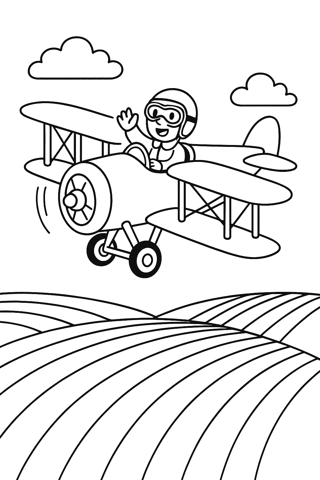 Раскраска сгенерированная по запросу: "Ретро-биплан над полями. Двухкрылый старинный биплан с открытой кабиной летит над зелёными полями, пилот в шлеме машет рукой."