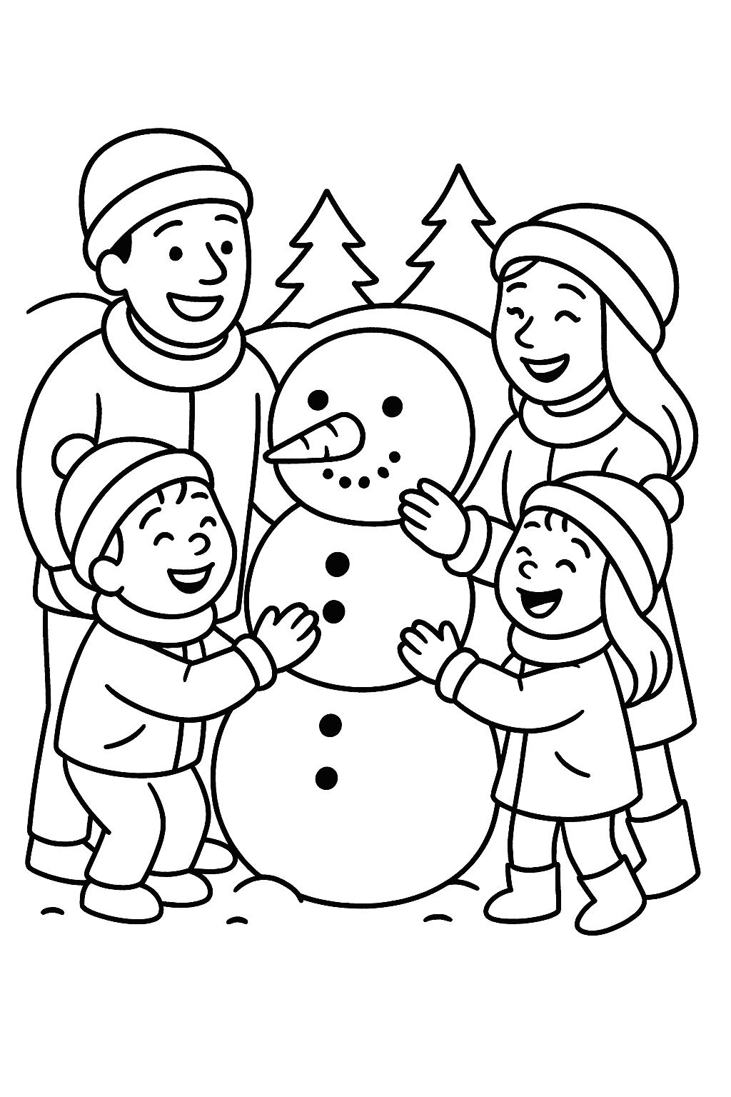 Раскраска сгенерированная по запросу: "Зимние забавы. Дети лепят снеговика, взрослые помогают слепить морковку-нос, все смеются."