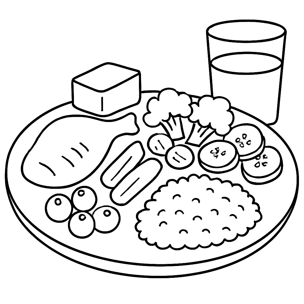 Ужин по методу тарелки: с курицей, овощами, крупой, ягодами, небольшим десертом; а рядом стакан воды
