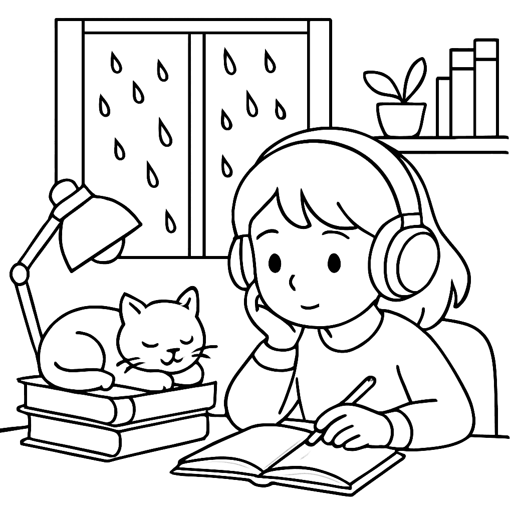 Уютная комната для учебы, кот спит на стопке книг, девушка в наушниках за своим столом, дождь за окном.