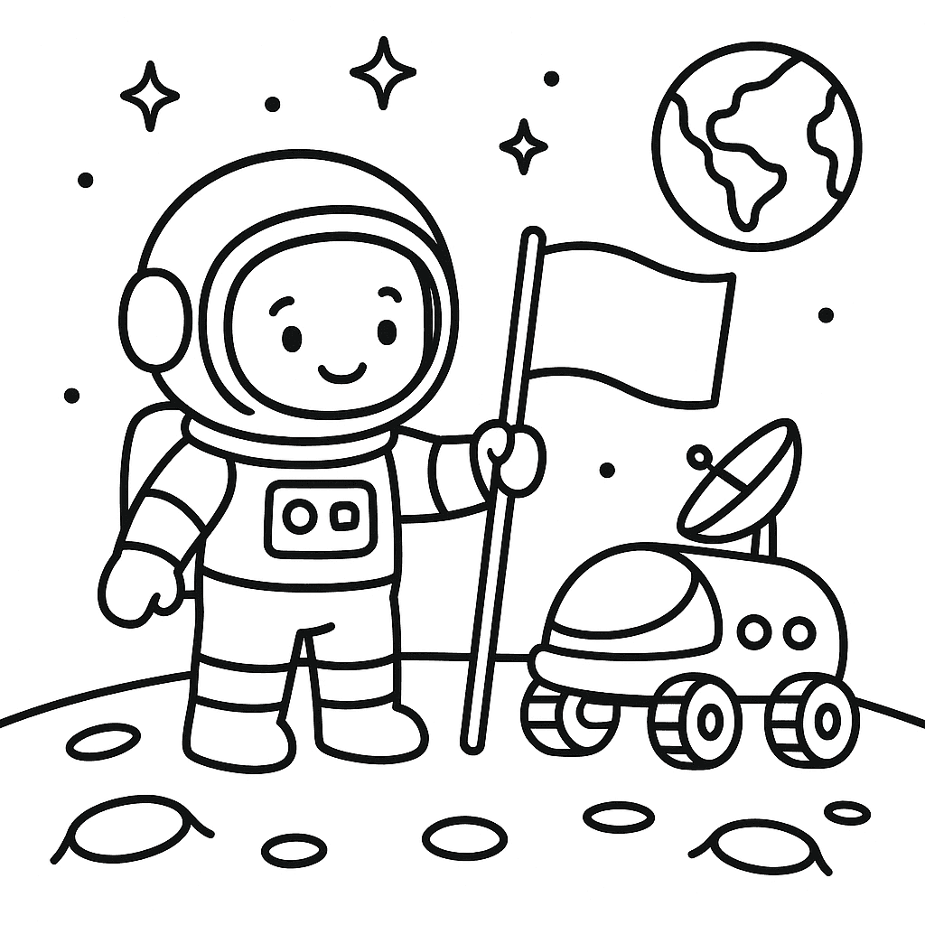 Космонавт на луне с флагом и луноходом. Ребёнок-космонавт устанавливает флаг рядом со своим луноходом, на фоне кратеры, звезды и далёкая Земля.