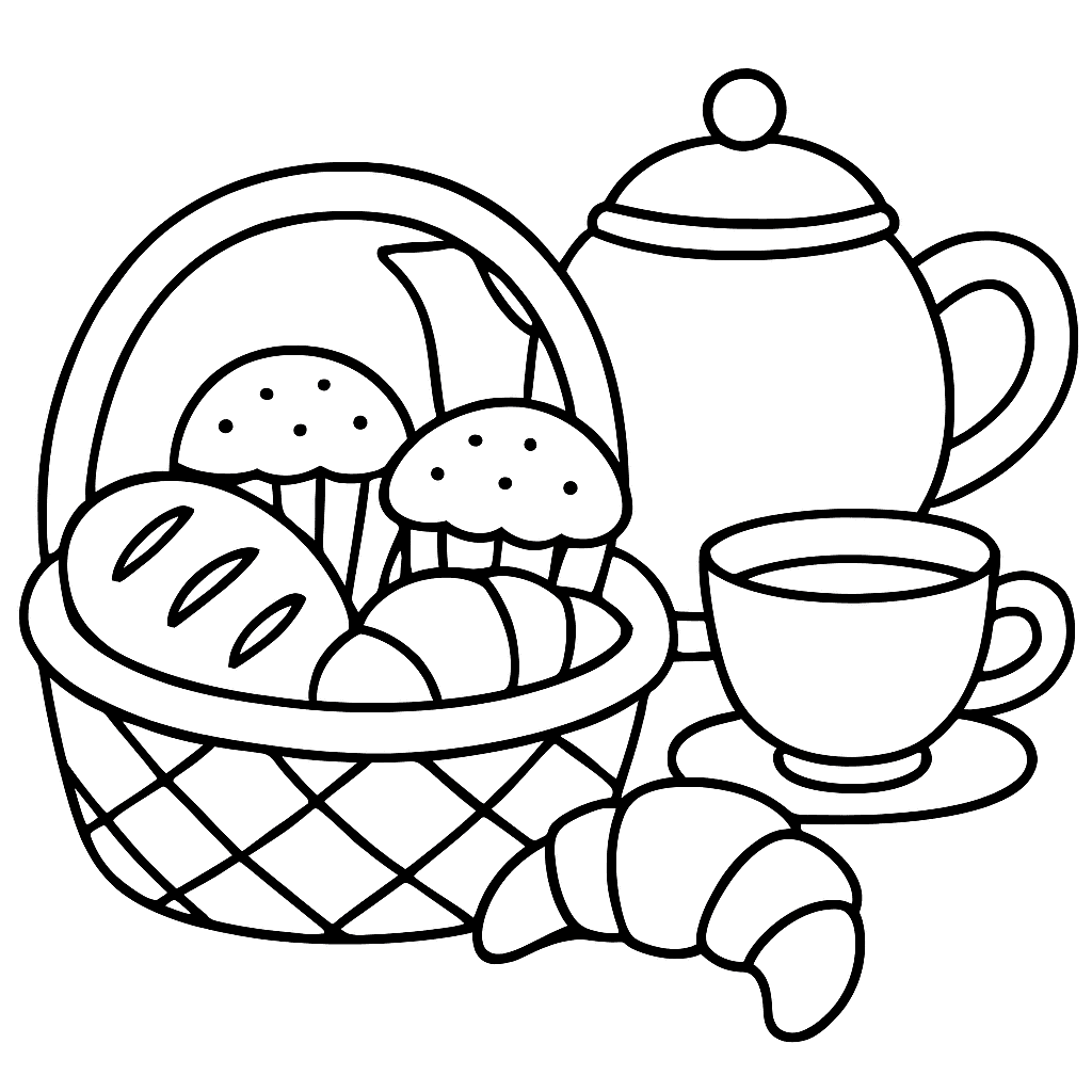 Корзинка с булочками, кексами и круассанами, на фоне чайник и чашка.