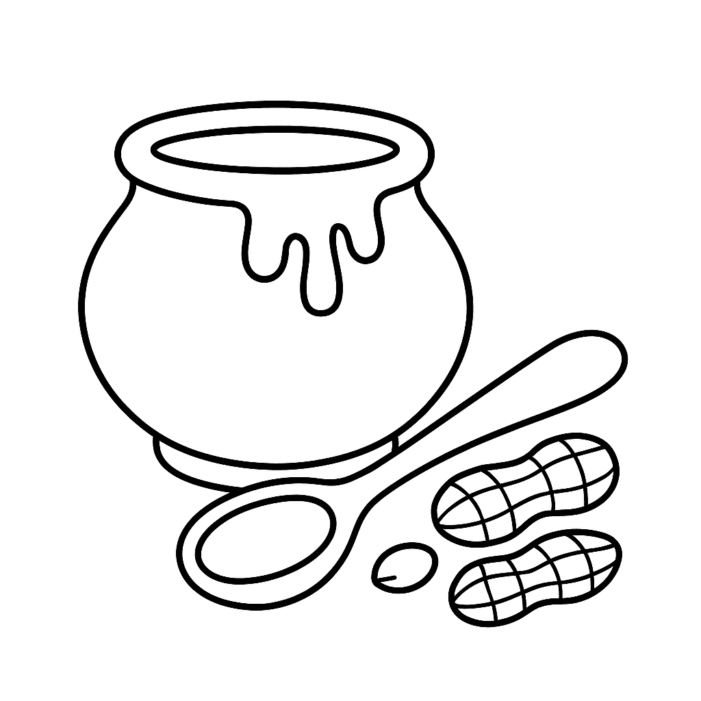 Горшочек с медом, ложка и рядом рассыпаны орехи.